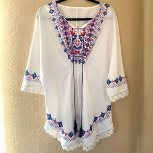 Vintage Boho Style Ethnic Peasant Blouse Loose Cotton Lace Hem